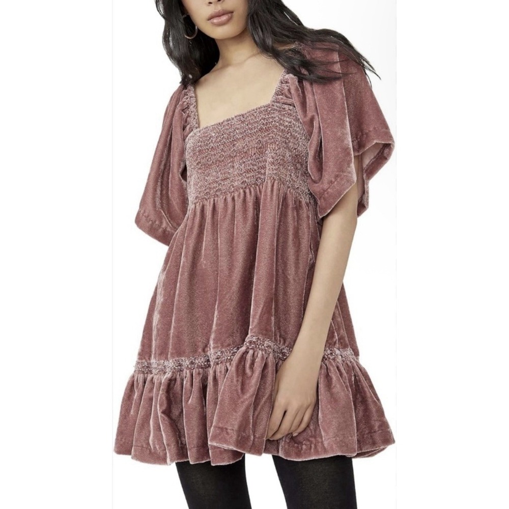 Free People Easy To Love Velvet‎ Mini Dress Size XS Dried Currant Pink Smocked